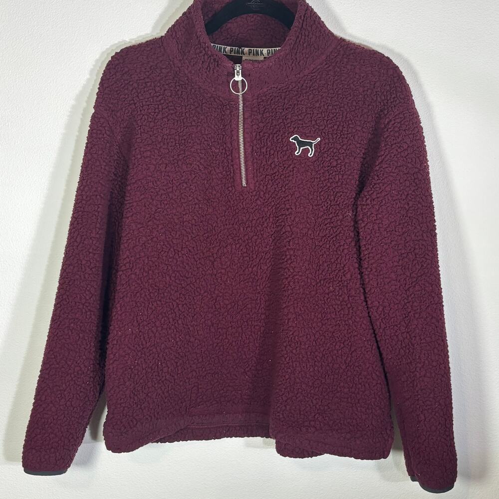 PINK Victoria's Secret Sherpa Fleece Quarter Zip Pullover Sweater Medium Maroon